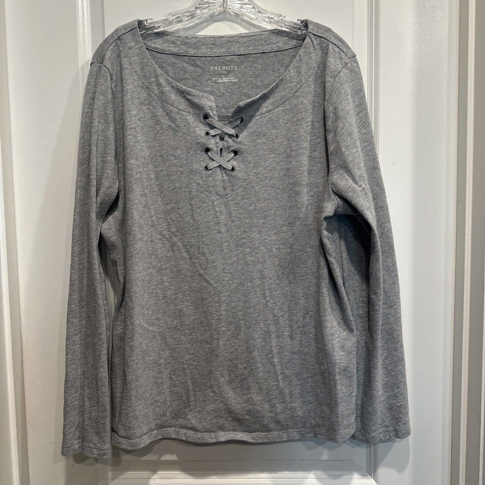 Talbots Size XL Women Long Sleeve Blouse Lace UP Pullover Cotton Top Casual Gray